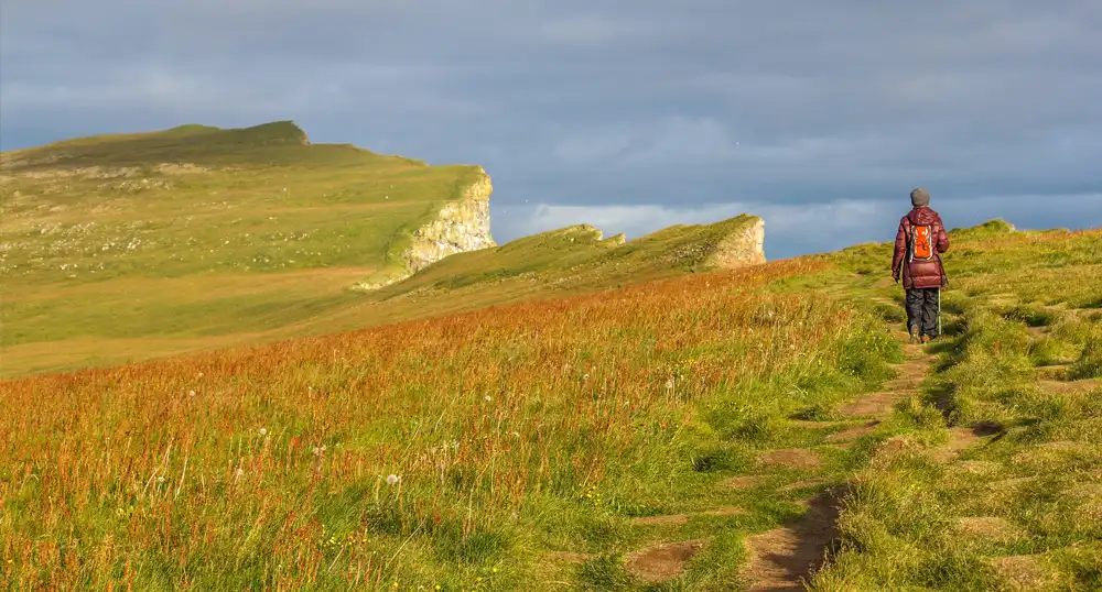 Person walks on a grassy cliff path